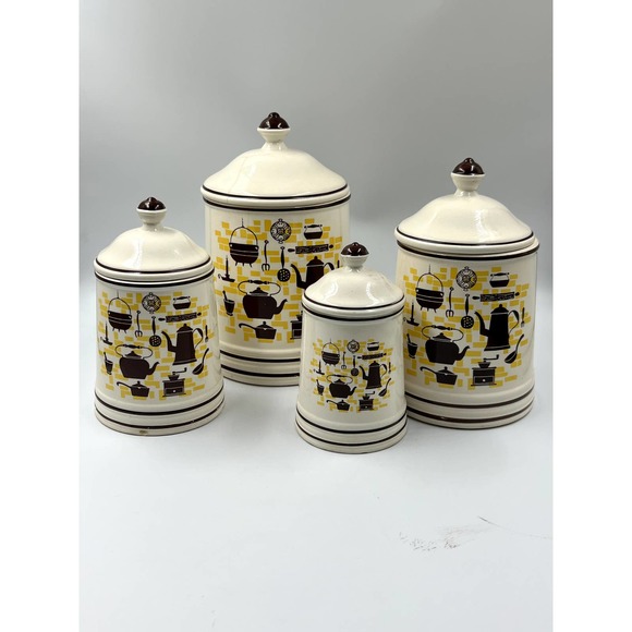 Vintage Ceramic MCM Set of 4 Canisters. Cream Brown and Yellow - Picture 3 of 14